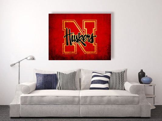 Nebraska Cornhuskers vintage style Canvas Print, vintage football decor, college football logos, apartment decorating ideas, go big red, UNL